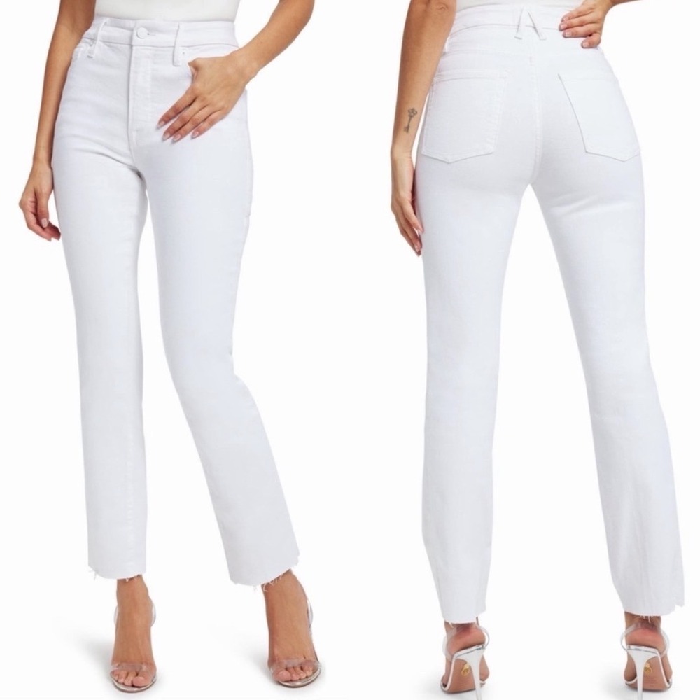 Good American High Rise Good Straight White Raw Hem Jeans 8/29 - Picture 1 of 9